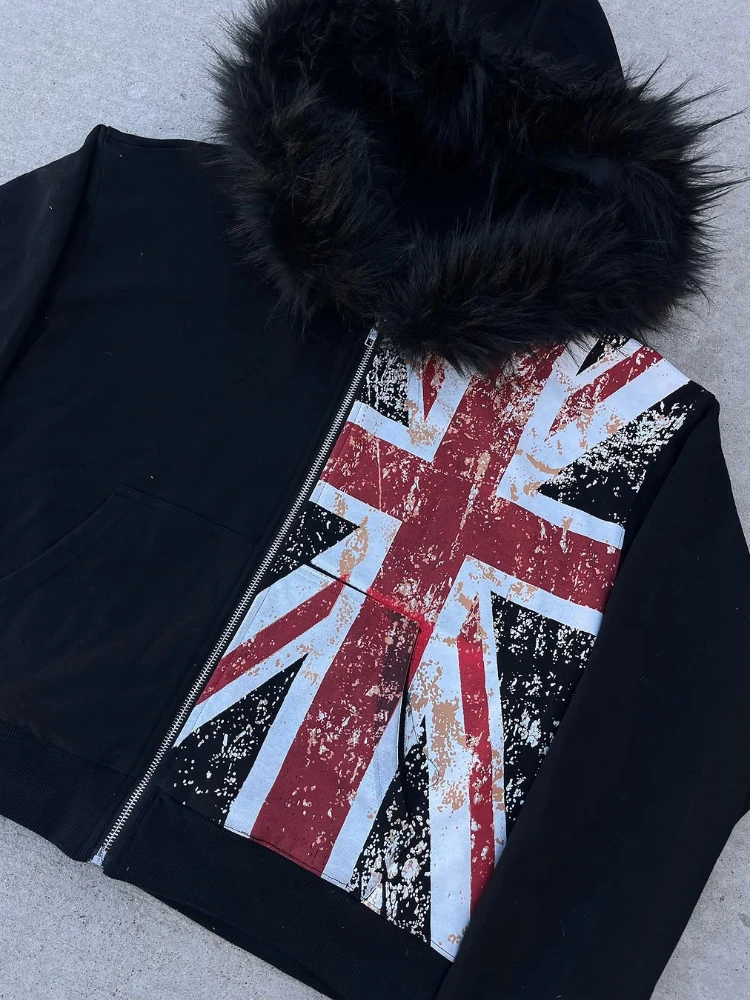 2025 fur collar printed zipper sweatshirt long sleeved pullover hoodie retro jacket street trend ins