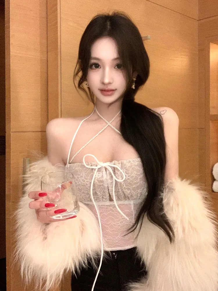  Chain Lace Crop Top Tight Fitting Korean Style Commute Wind Knitted mid Waist No Sleeve Women's Autumn New Style - view 2