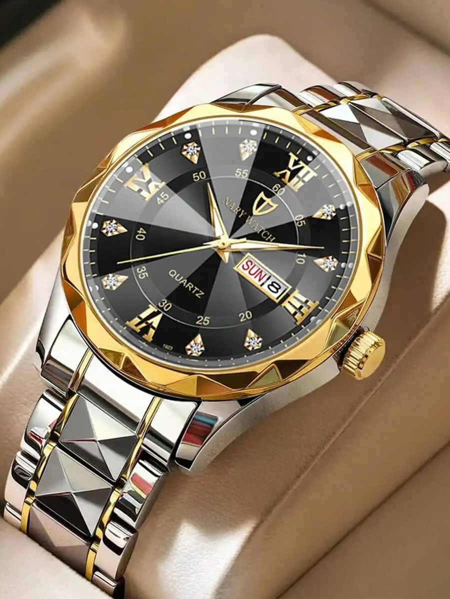 

Мужские двухцветные кварцевые часы из нержавеющей стали с римскими цифрами и индикатором даты