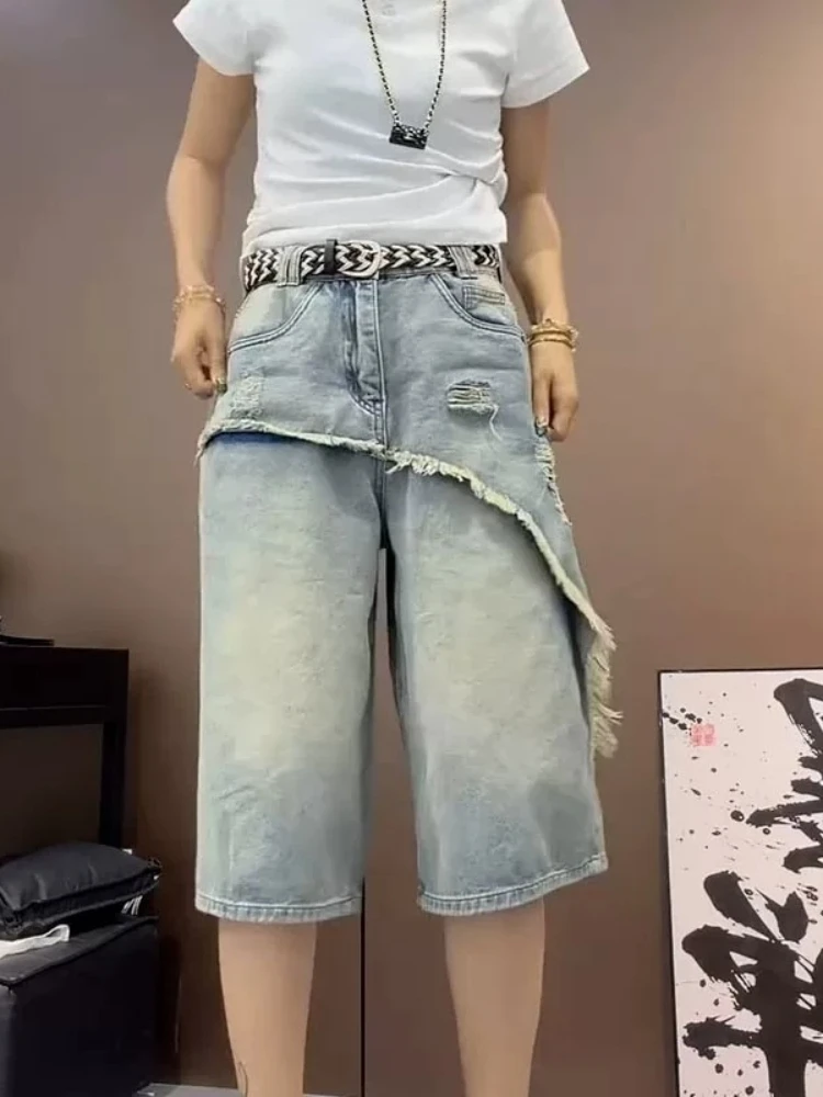 Plus Blue Jeans Women Mock Layer Ripped Summer Thin Loose Breathable High Waist Stretchy Slimming Versatile Capri Flared Pants