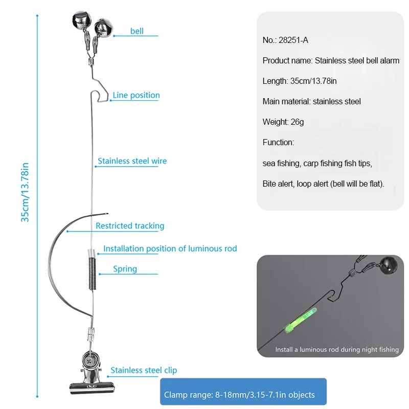 Alarma de mordedura de pesca de acero inoxidable, campanas de alarma de pesca nocturna, ajustable, anticorrosión, 2 piezas, 1 unidad