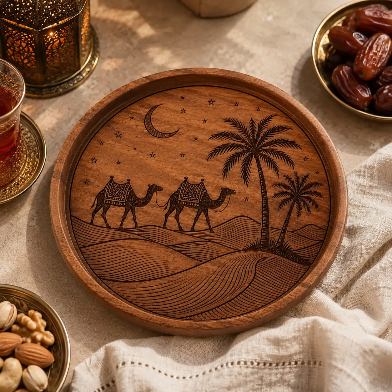 1Pc Creative Walnut Wood Dinner Plate, Desert Camel, Star and Moon, Date Palm Tree Carved Round Wooden Plate, Western-Style Dinner Plate, Steak Plate, Candy Plate, Fruit Plate, Solid Wood Pizza Board Tray