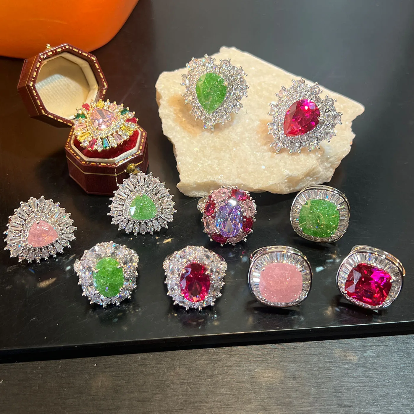 

Women Zircon Round Geometric Red Jade Multicolor Open Ring