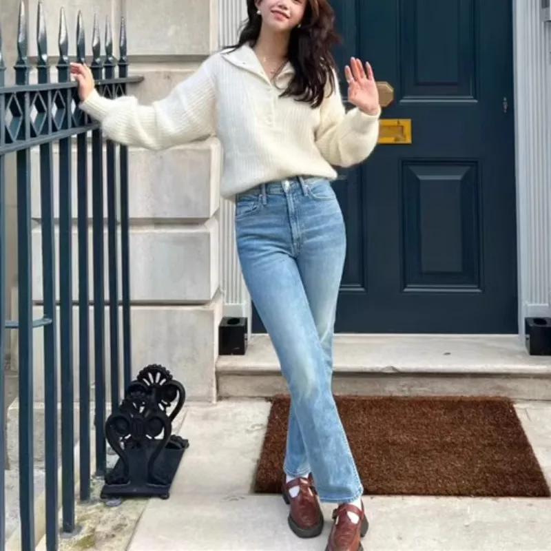 Early Spring High Waist Slightly Stretch Light Blue Straight Jeans for Women