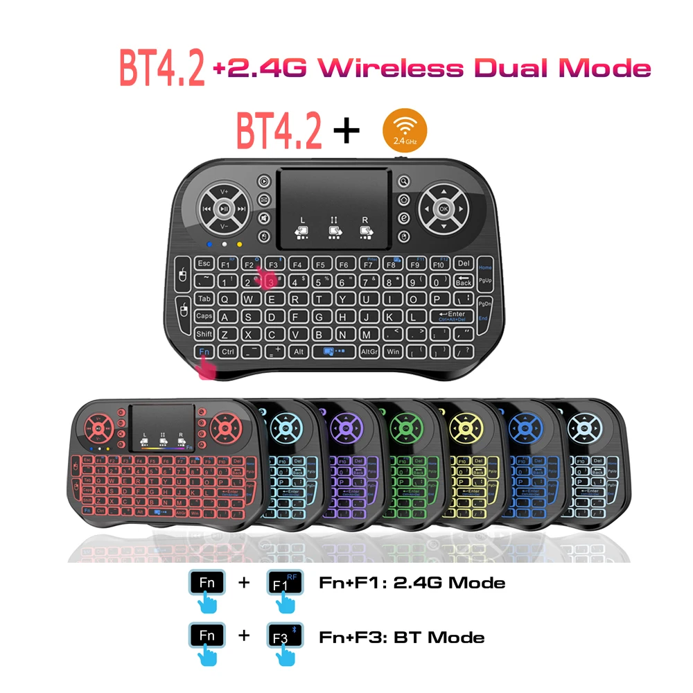 Wireless Bluetooth Mini Keyboard 2.4G Dual Mode Backlit English Russian French Spanish Portugal for Android TV Box PC Projector