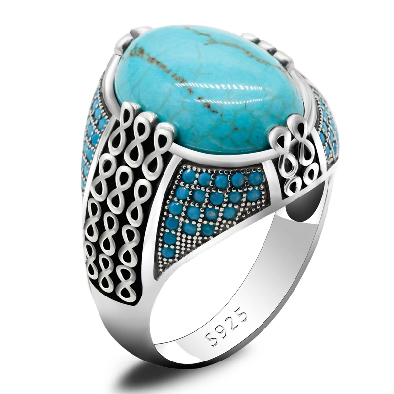 Hot البيع الكلاسيكية S925 فضة الفيروز الرجال الرجعية خاتم العقيق الطبيعي Türkiye الفضة خاتم المرأة الفاخرة ترصيع الفيروز مجوهرات #1