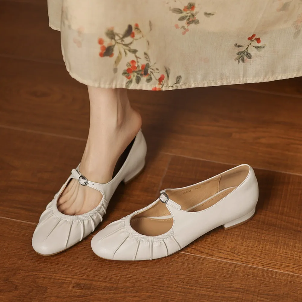 2026 New Women's Flats Genuine Leather Round Toe Single-Buckle Slip-On for Daily Spring Autumn Wear