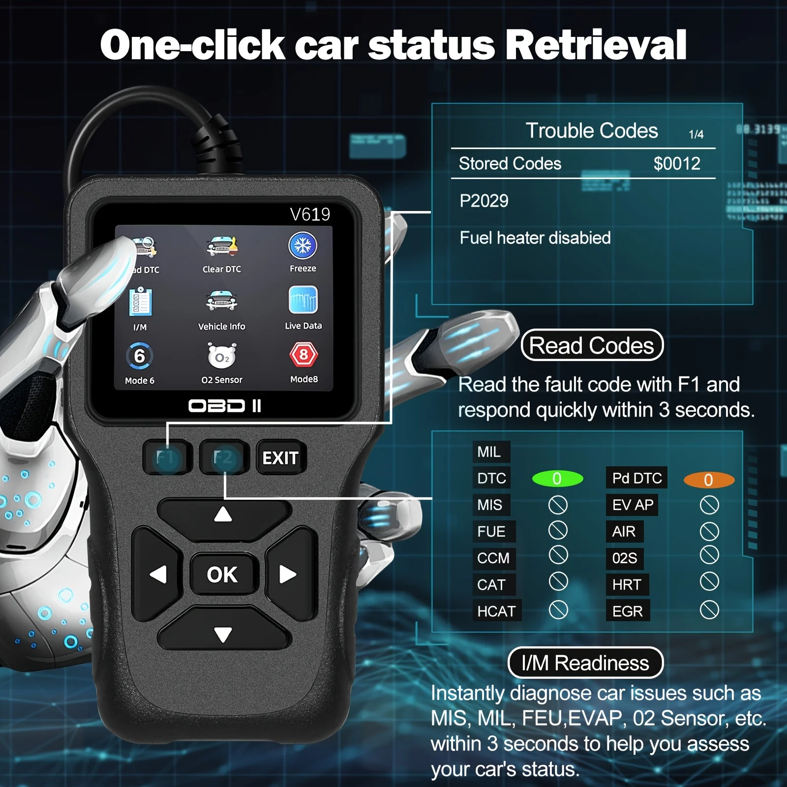 V619 Auto-Diagnosegerät Kfz-OBD2-Scanner für Motorkontrolle mit Farbbildschirm 2026 – Detail 3