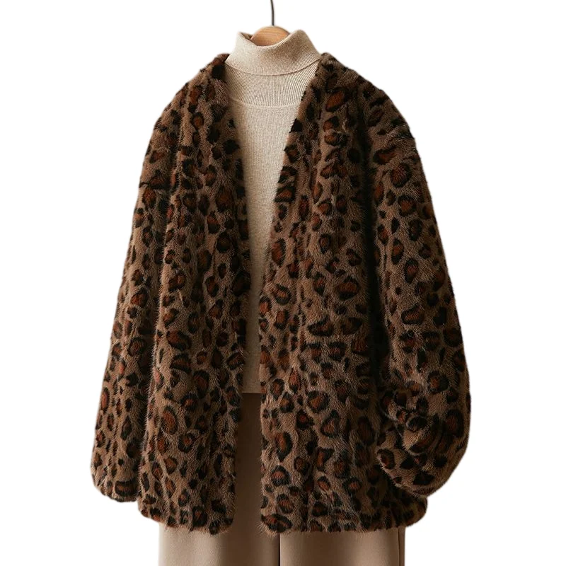 

2026 Hot Selling Women High Quality Mink Fur Winter Coat V-neck Long Sleeve leopard Print New Real Mink Fur Coat