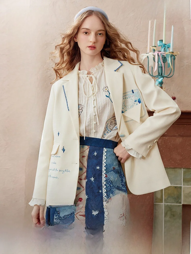 

Ретро-пиджак с принтом и вышивкой, женский, свободного кроя, повседневный, с длинными рукавами, с цветочным узором, на пуговицах