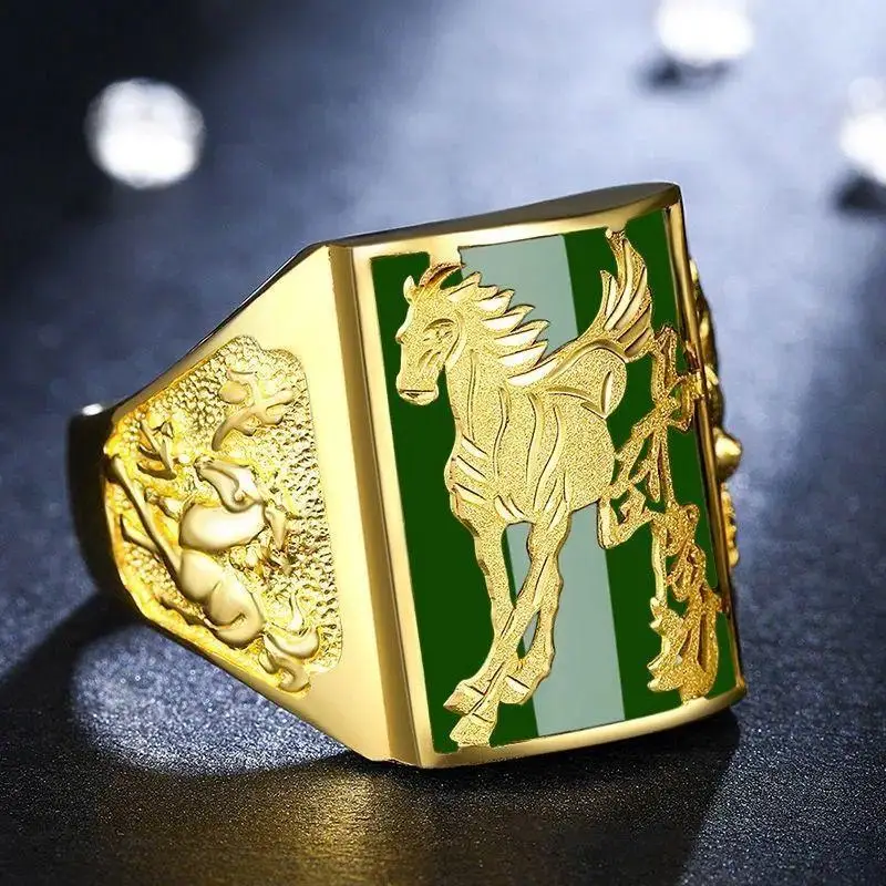 New Classic Chinese Style Gold Plated Galloping Horse Rings for Men Exquisite Cool Lucky Amulet Jewelry