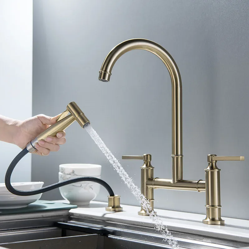 

Brushed Gold Kitchen Sink Faucets Water Mixer Tap Double Outlet Use Faucet Set Tapware With Sprayer
