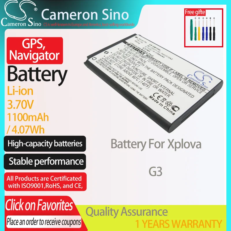 CameronSino Battery for Xplova G3 GPS, Navigator battery 1100mAh/4.07Wh 3.70V Li-ion Black