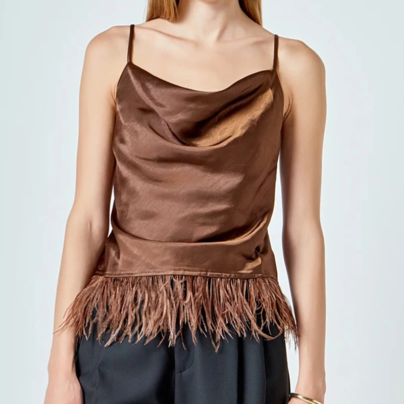

Feather Trim Spaghetti Straps Camisole Women Satin Silk Cowl Neck Top Sexy Flowy Fringe Crop Tank Tops Summer Going Out Vest