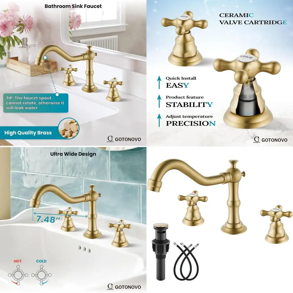 

8 Vintage-Style 3-Hole Widespread Lavatory Faucet with Pop-Up Drain, Brushed Gold Finish
