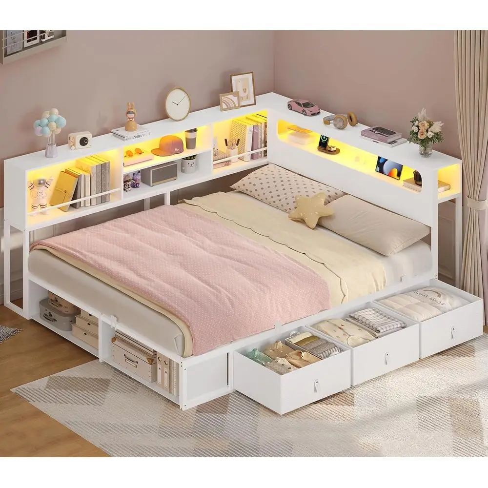 Full Size Corner Bed with Bookcase, RGB Lights, Charging Station, Metal Daybed, 3 Drawers, 2 Shelves, White, Ideal for Teens and