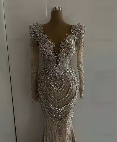 Luxury Champagne Long SLeeve Evening Dress Dubai Arabic Sparkly Beaded Crystals Wedding Party Gowns Customized Celebrity Dresses