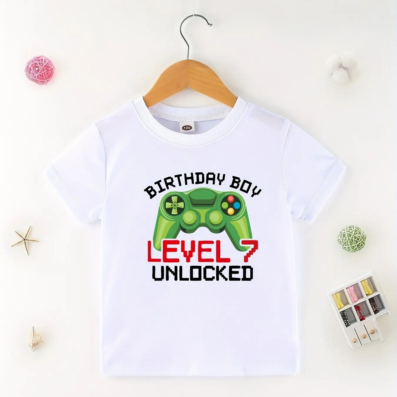 Kids Birthday Boy T-Shirt - Level 7 Unlocked Gaming Design - Boys Gamer Birthday Tee - Fun Video Game Controller Graphic Top