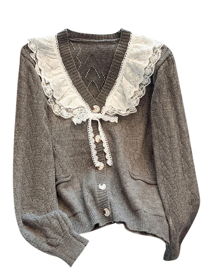 الدانتيل تقسم سترة برقبة على شكل v رمادي طويل الأكمام سترة مشغولة من الصوف المرأة 2025 ربيع الخريف جديد واحدة الصدر كوريا الأعلى #5
