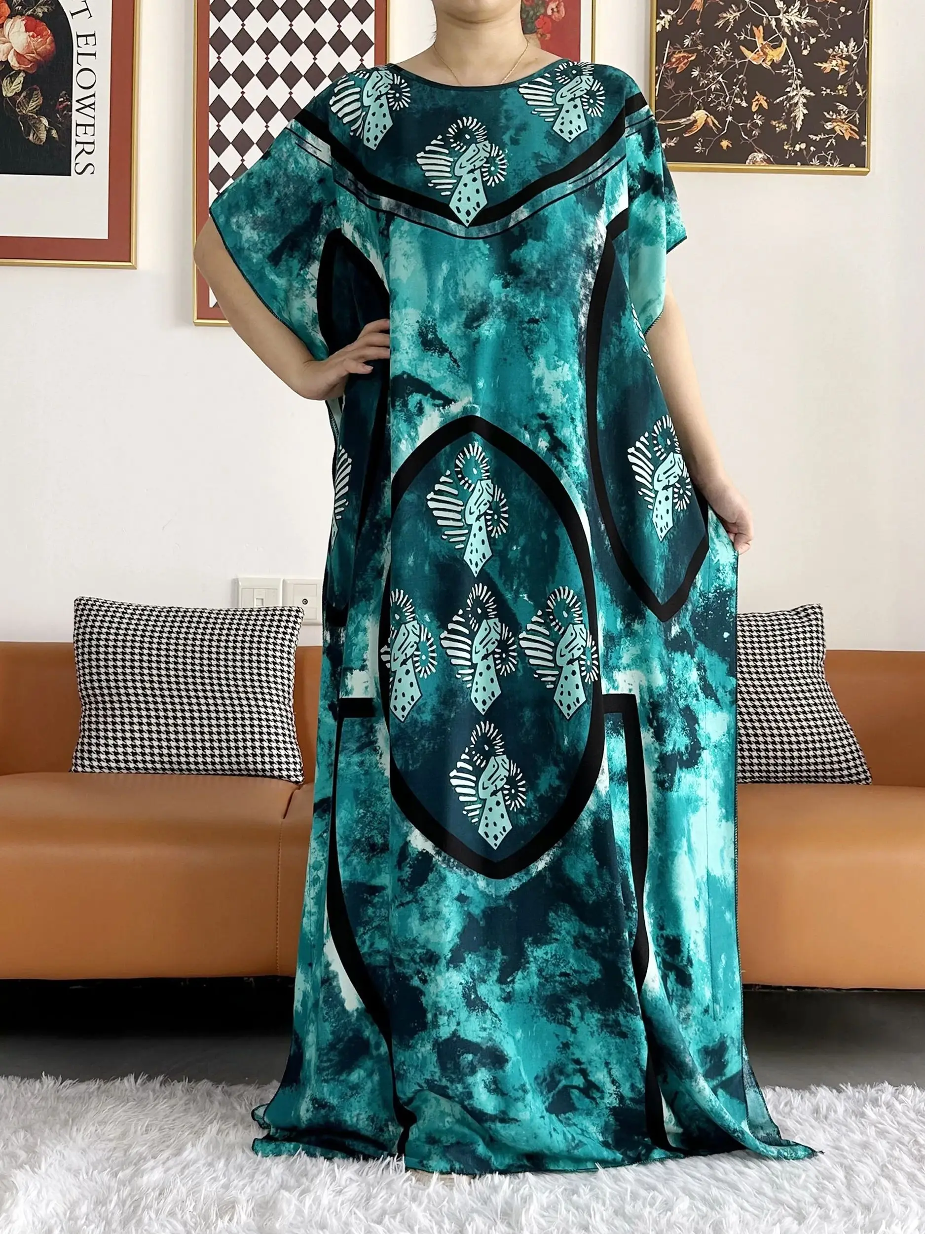 2023 Summer African Short Sleeve  100% Cotton Dresses With Big Scarf Loose Printing Floral Boubou Maxi Islam Women Abaya Clothes