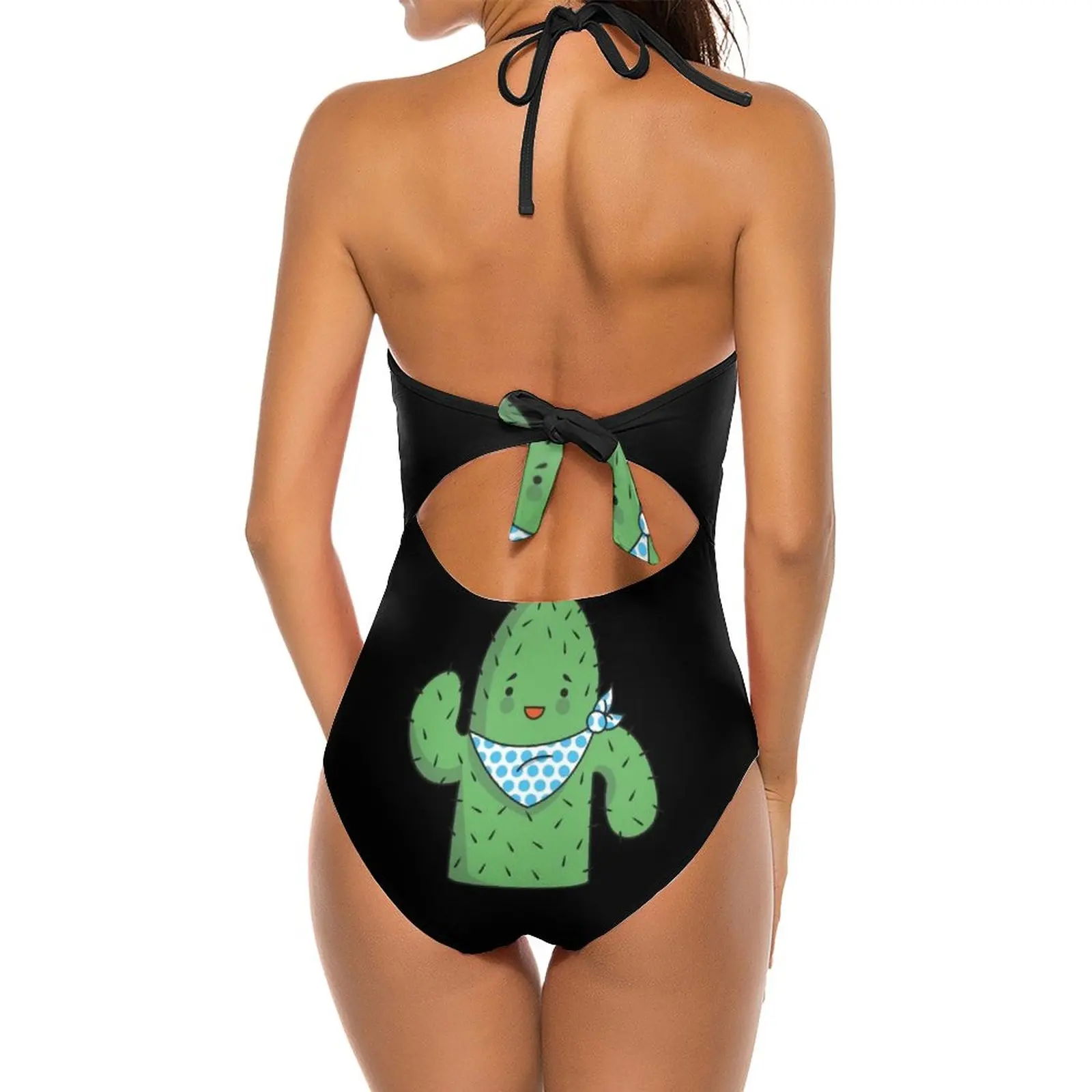 Mr J.G Cactus One Piece Swimsuit Black Mesh Swimwear Sexy Classic Backless Bodysuit Cactus Cute Green Spikes Smile Happy Sweet