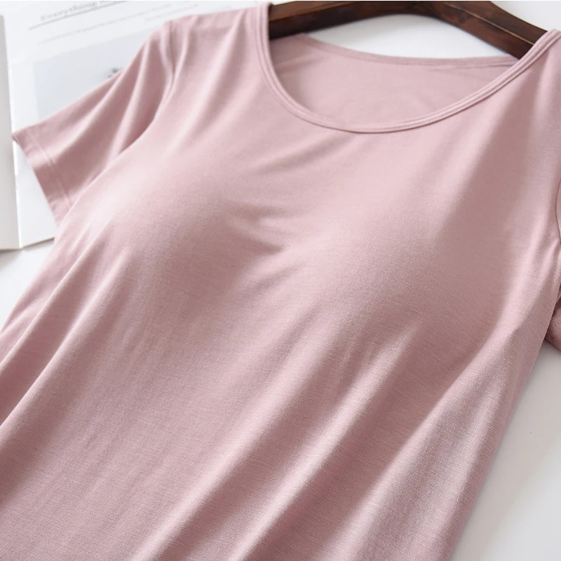 Women\'s Modal Built in Padded Bra T-shirt Short Sleeve Breathable Female Casual Bottoming T Shirt Tops