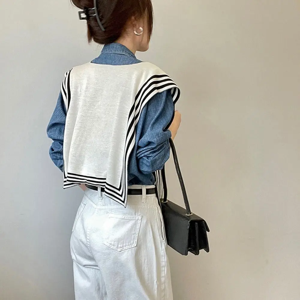 Blouse Shoulders Fake Collar Knitted Shawl Sunscreen Solid Color Black White Stripe Scarf Clothes Decoration Korean Style