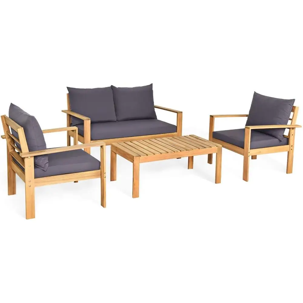 

4-Piece Acacia Wood Patio Chat Set with 4 Seater Sofa and Waterproof Table Cover, Teak Finish (Grey)