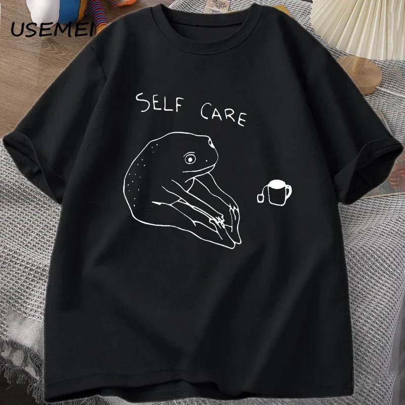 Funny Frog Self Care T-Shirt Retro Cottagecore Frog Printed Tshirt Women Men Summer Round Neck Short Sleeve Tee Shirt Streetwear