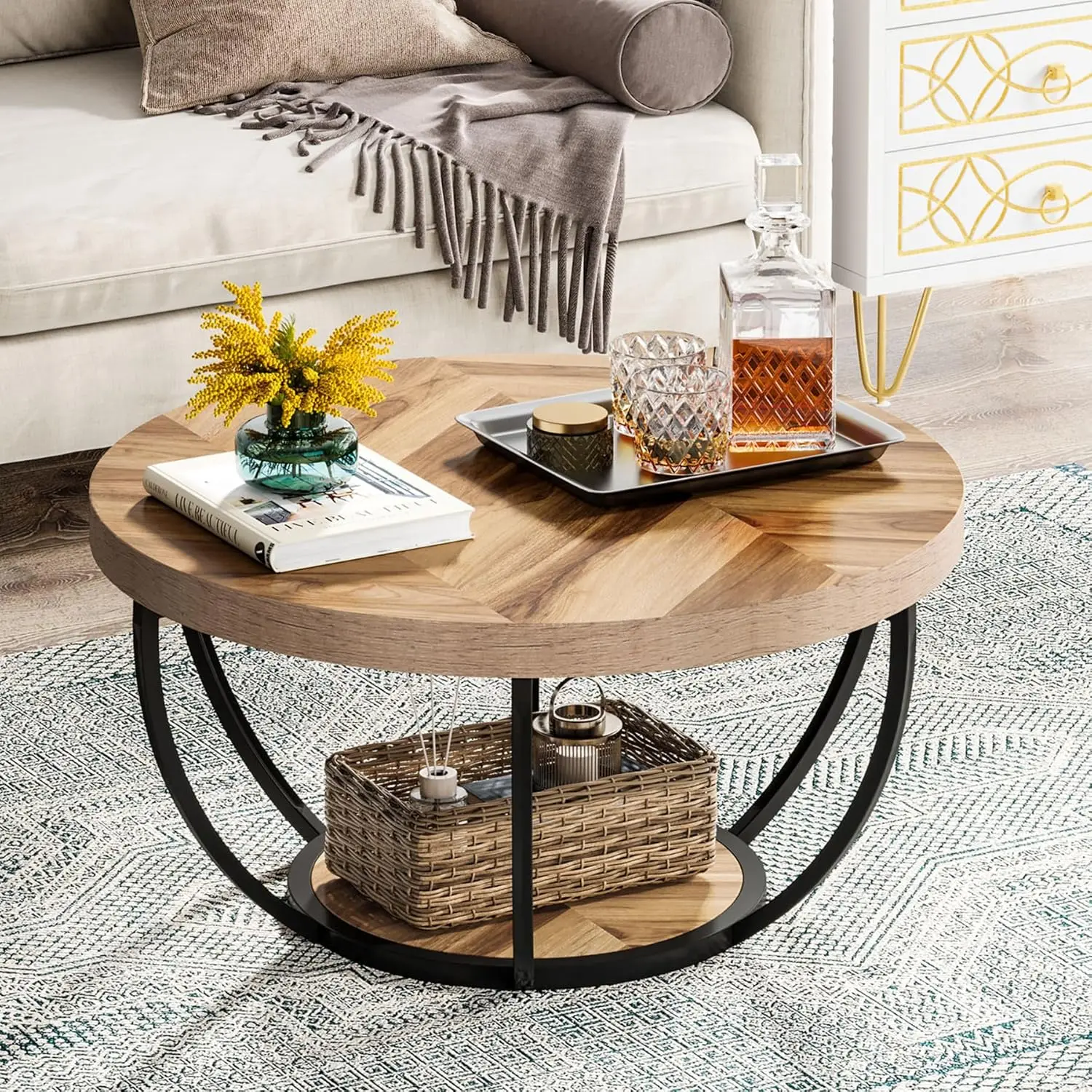 

31.7" Round Coffee Table, Industrial 2-Tier Circle Coffee Table with Storage Shelves