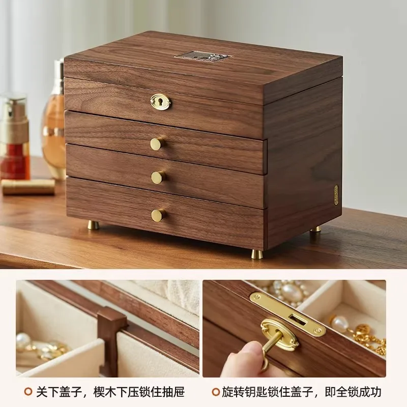 New solid wood with lockable jewelry box, necklace, hand accessories, multi-layer storage box, high-end exquisite jewelry box,