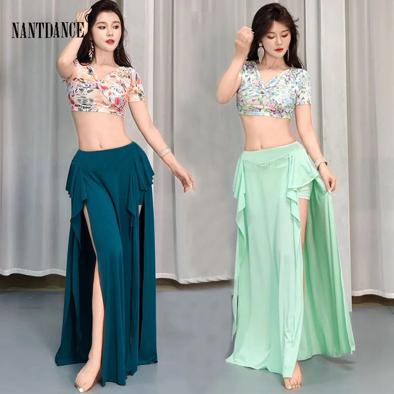 Korea Women Belly Dance Costumes Practice Clothes Top and Split Skirt Belly Dance Beginners Practice Outfit Oriental Dance Wear