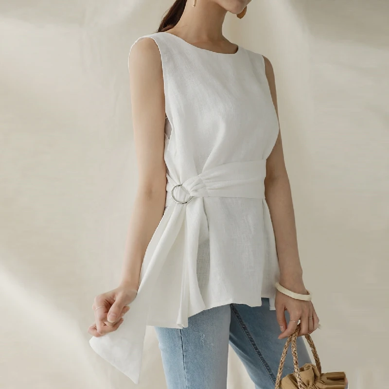 Summer O Neck Sleeveless Shirts with Belt Elegant Cotton Linen Blouse Women Casual Tops Fashion Solid Loose Clothes Blusas 27938