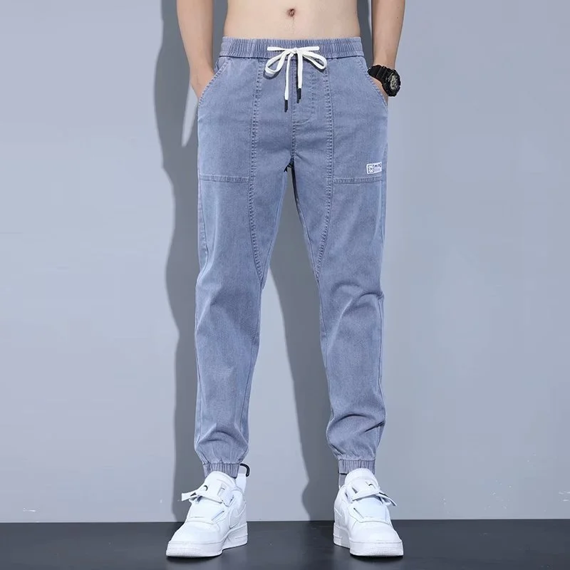 Men's Fashion Harlan 9-point Elastic Waist Baggy Jeans Casual Straight Denim Pants Men New Streetwear Washed Jeans