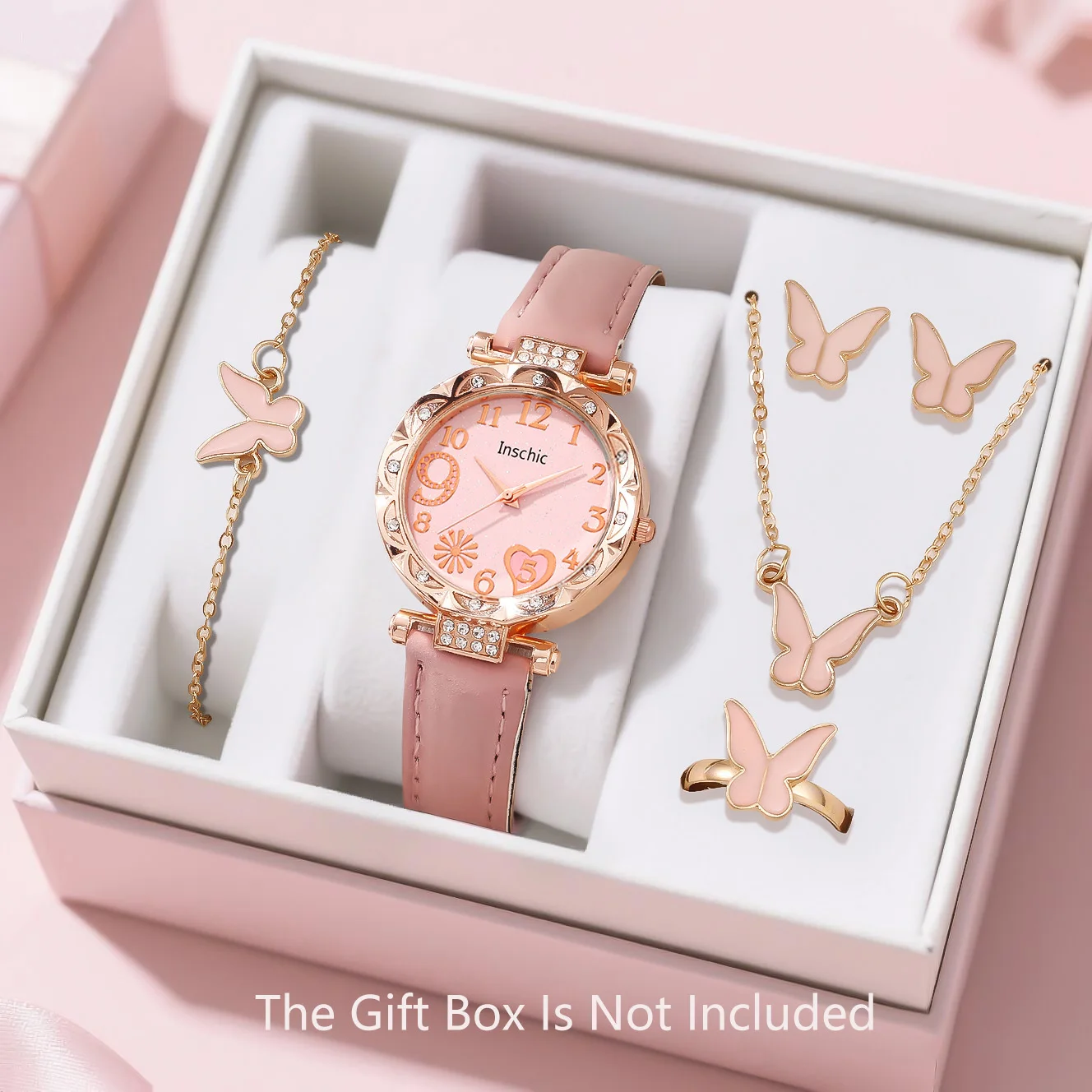 6PCS Elegant and Exquisite Women's Quartz Watches with Butterfly Necklace, Earrings, Bracelet Accessories Set