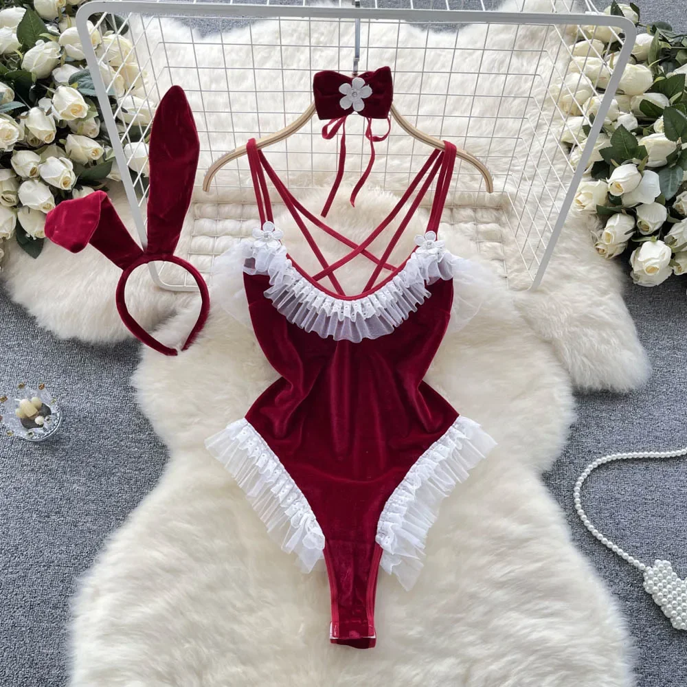 

Women Velour Strappy Bodysuits Fashion Erotic Suits Bodycon Backless Combination Catsuits Sexy Lace Patchwork Rompers