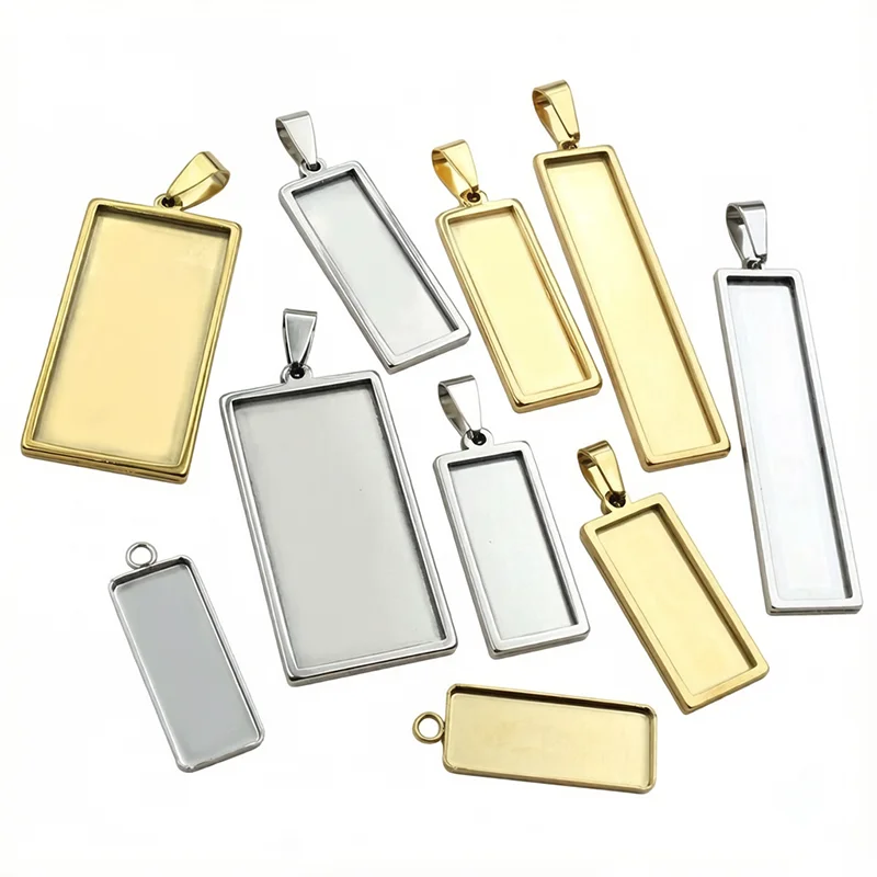 5-10 piezas de acero inoxidable rectángulo colgante cabujón Base en blanco bandeja de ajuste 10x25mm 10x50mm tamaño interior para hacer joyas DIY