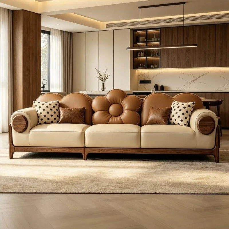 New Chinese-style solid wood sofa, light luxury living room high-end black walnut leather straight row