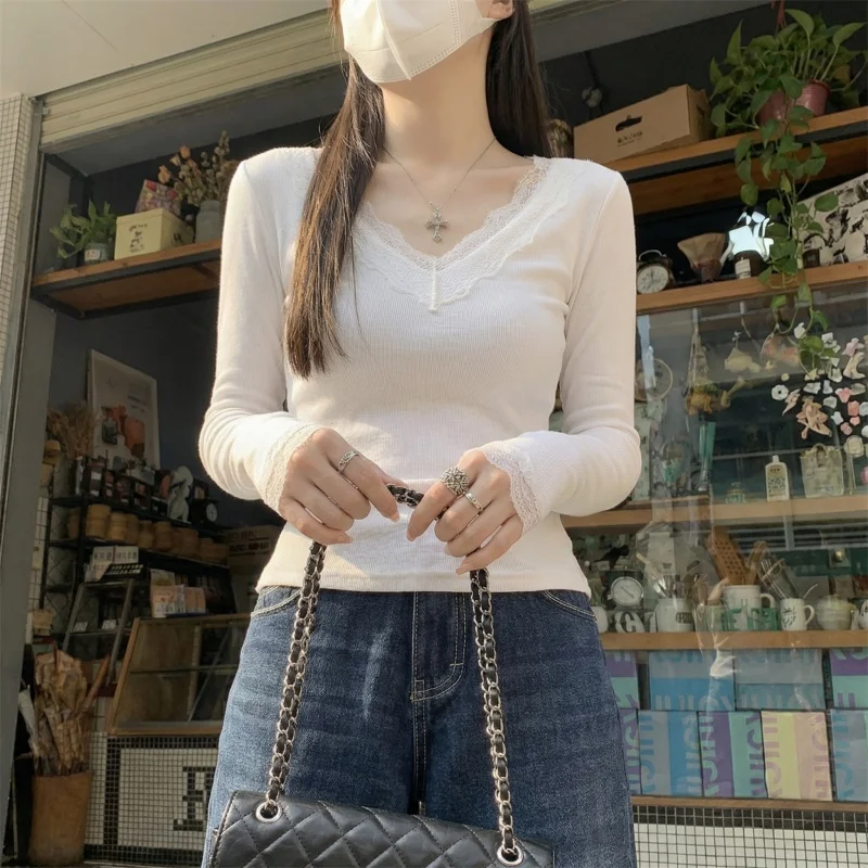 2026 Herbst Winter Damen T-Shirt V-Ausschnitt Spitzen-Top Weich Hautfreundlich Fleece-Gefüttert Langarm Thermo-T-Shirt für Layering – Detail 17