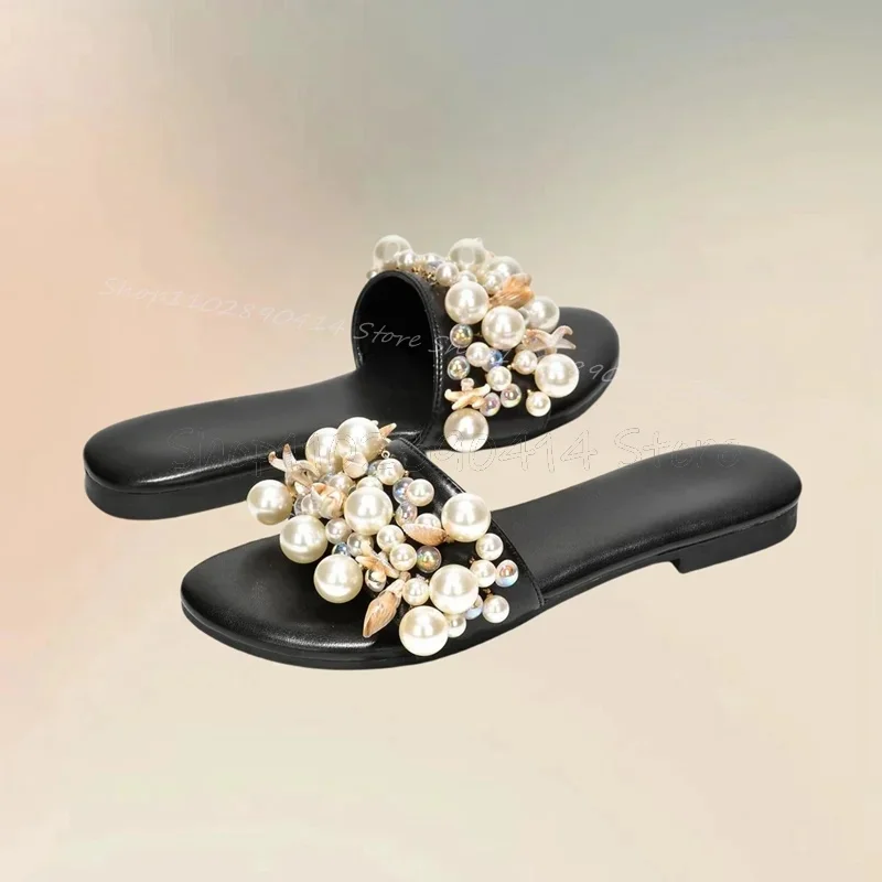 

Pearl Decor Black Sole Open Toe Slippers Slip On Women Shoes Low Top Novel Fashion Comfort Party Feast 2025 Zapatos Para Mujere