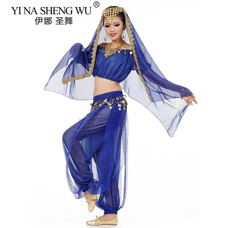Conjunto de 3 peças de dança da índia, traje de performance de dança do ventre, chiffon, cobre, gong, lanterna, calças, manga curta, top, trajes de dança oriental