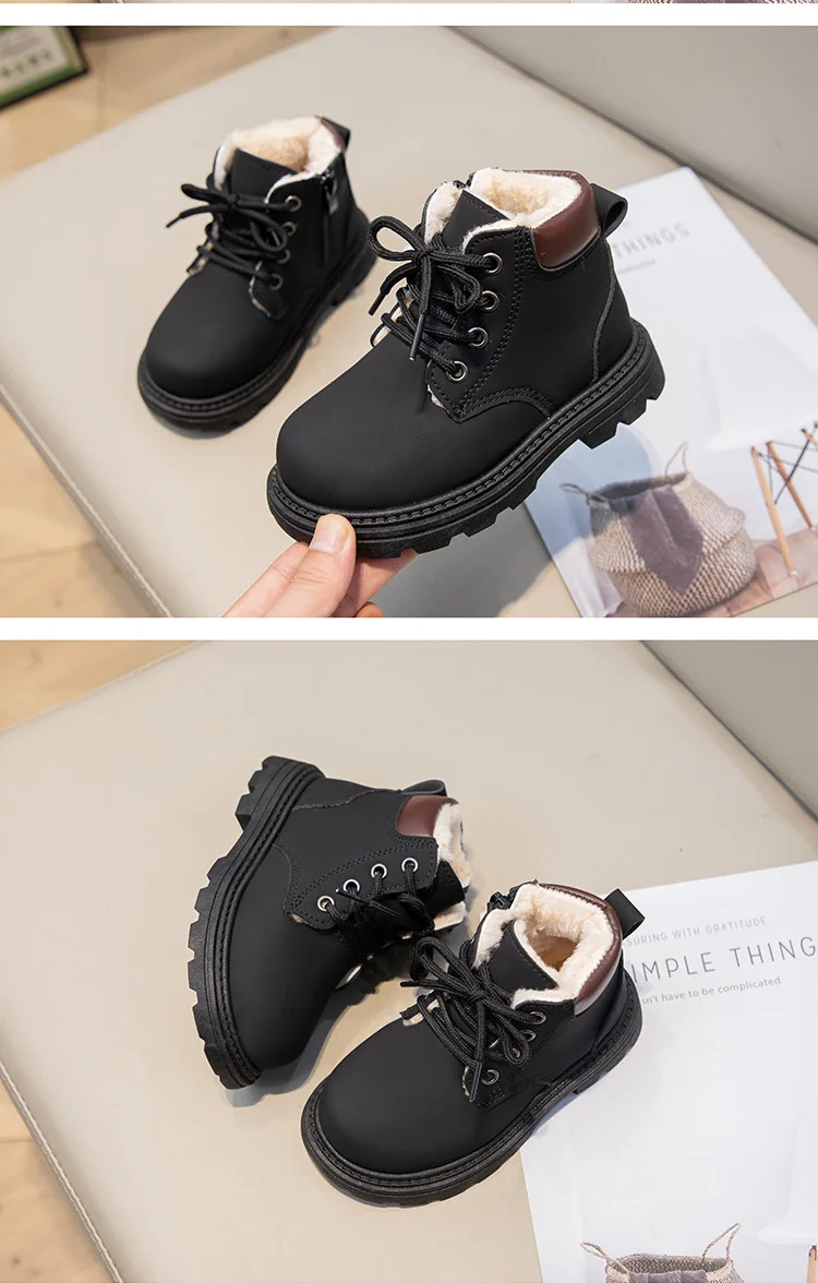 Winter Neue Kinder Mode Stiefel Plüsch Warme Jungen Mädchen Rutschfeste Warme Lederstiefel Einfarbige Kinder Freizeitschuhe – Detail 11