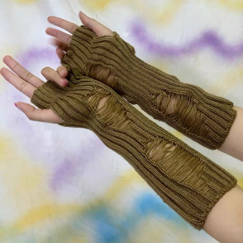 

Black Tattered Punk Gloves Women Gothic Half Fingerless Cuff Broken Knitted Long Mittens Hollowed Out Broken Stretch Arm Warmer