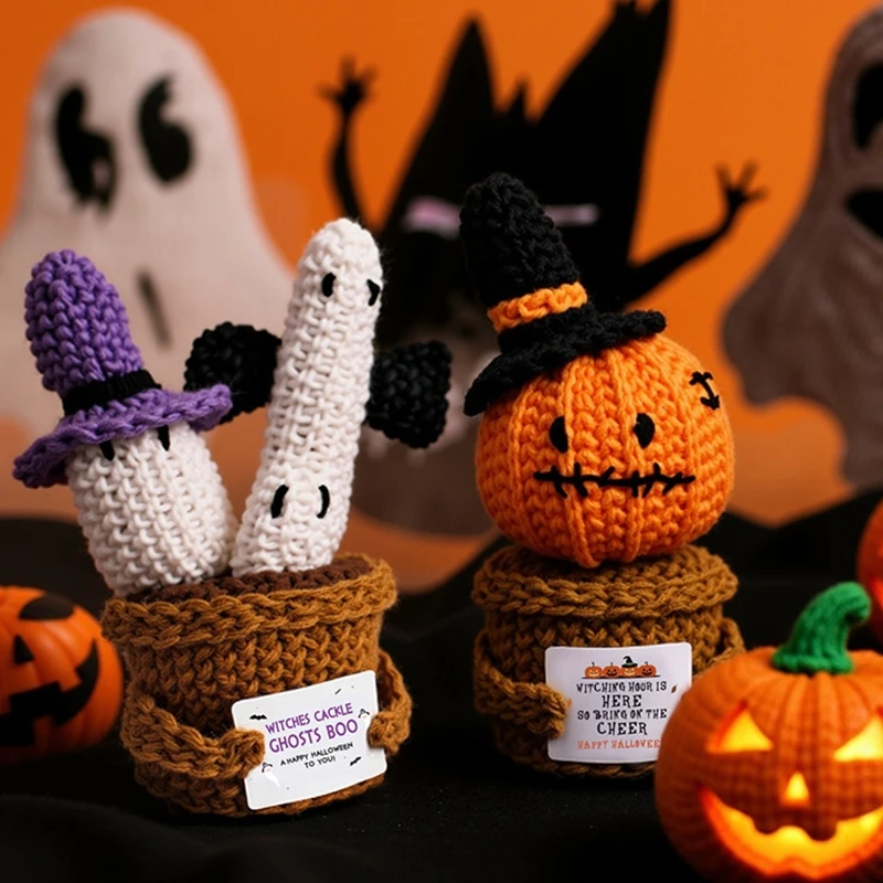 

Halloween Hand-woven Dolls Figurines Pumpkin Ghost Knitting Wool Potted Desktop Ornaments Home Decoration Crafts Festival Gifts