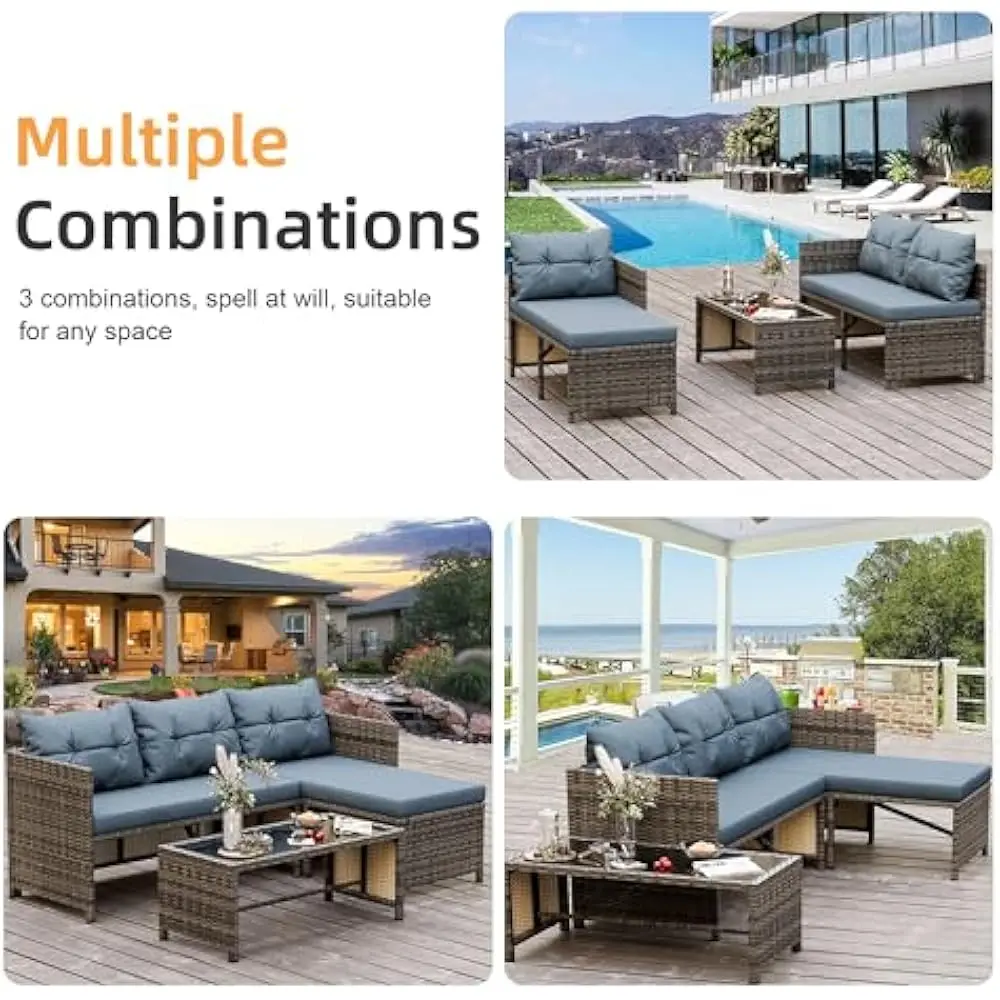 Set di mobili da giardino per esterni da 3 pezzi, set componibili da patio in vimini, divani da giardino in rattan con tavolino da caffè in vetro e cuscino