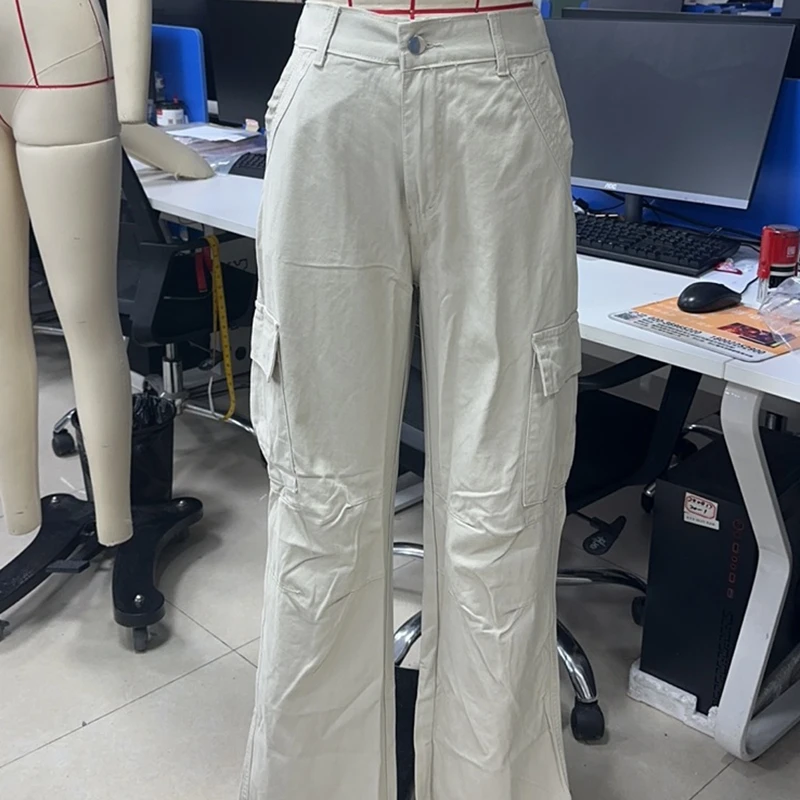 

2025 Women's Solid Cargo Denim Pants Lightweight Mid Waist Loose Wide Leg Jeans Trousers