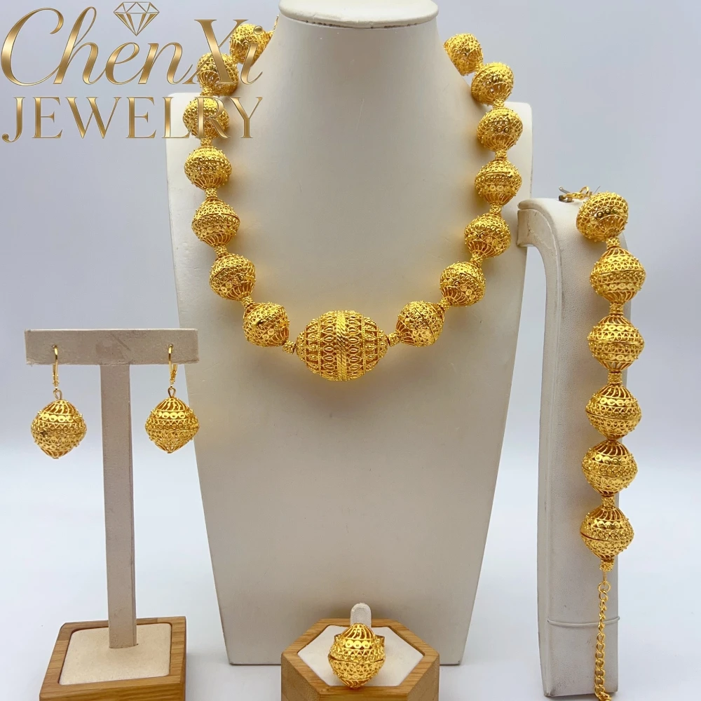 High-End Luxury Elegant Alluvial Gold Fashion Popular Jewelry Set Women Wedding Party Banquet Necklace Earrings Ring 4pcs Gift
