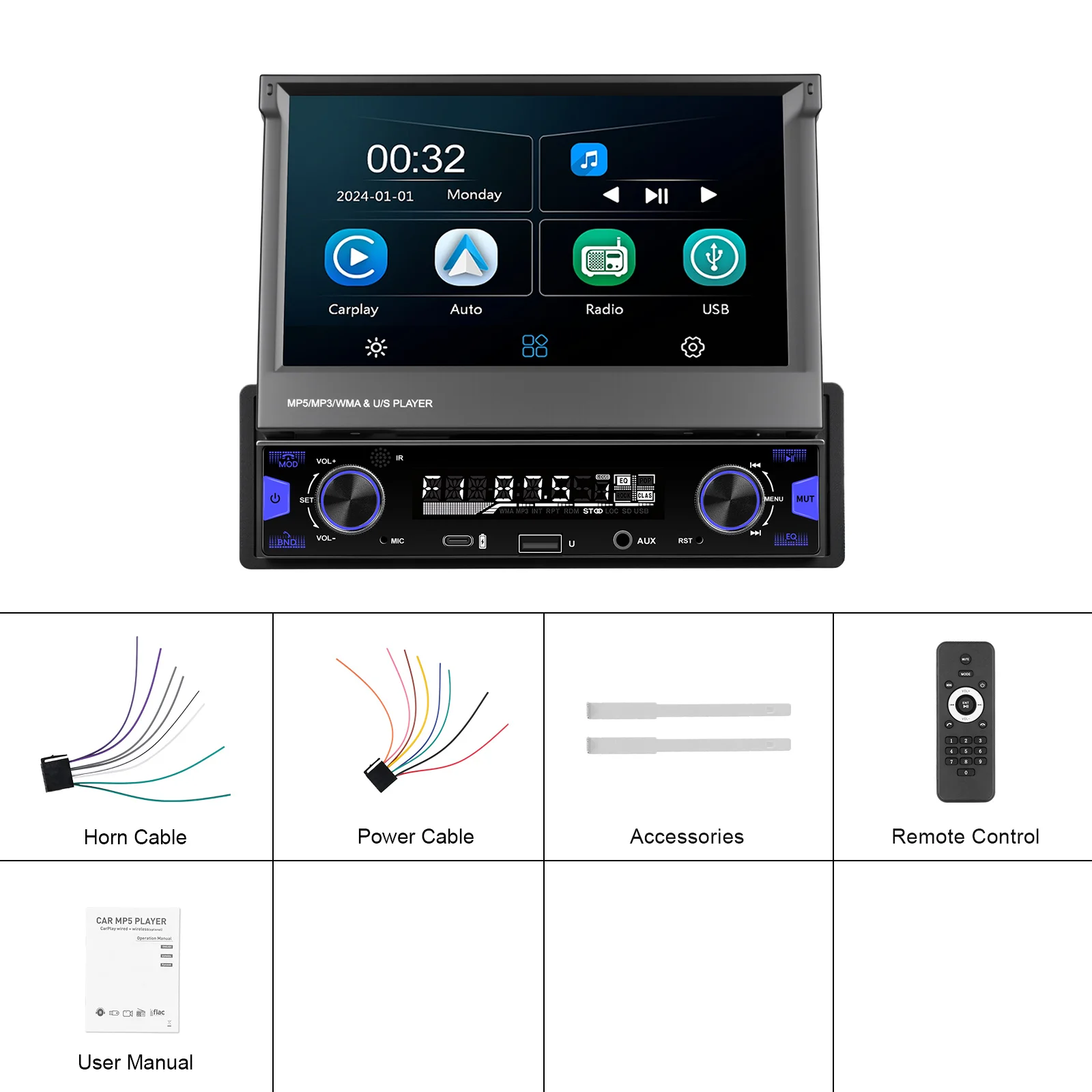 Podofo 7 ''1Din شاشة قابلة للسحب EQ صوت FM/AM/RDS مشغل وسائط متعددة Carplay أندرويد السيارات بلوتوث Type-C USB SWC صوت السيارة #6