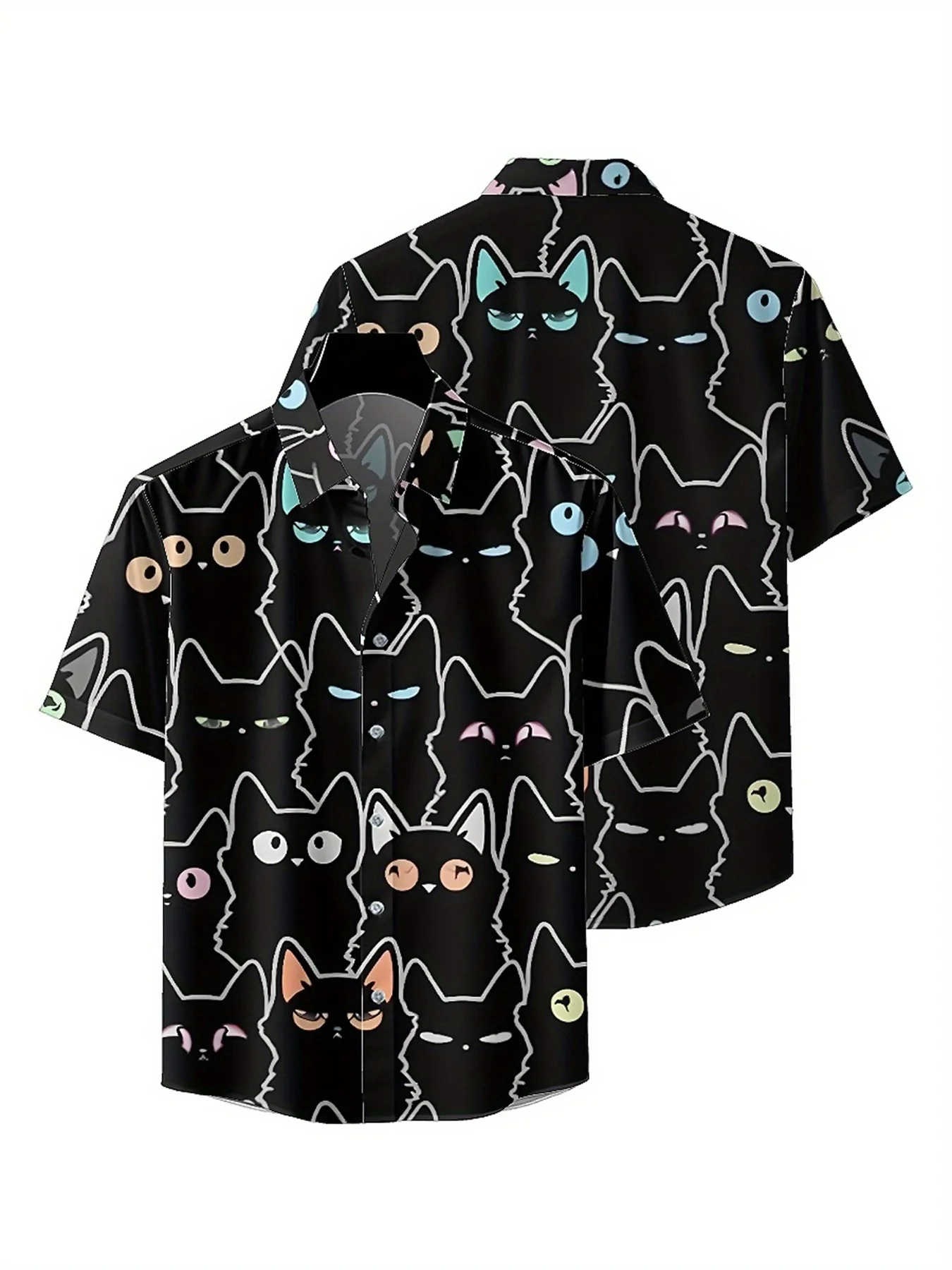 Men's Plus Size Hawaiian Shirts Mysterious Black Cat pattern, Button Up Shirts, Unisex Casual Clothing, Summer Tops