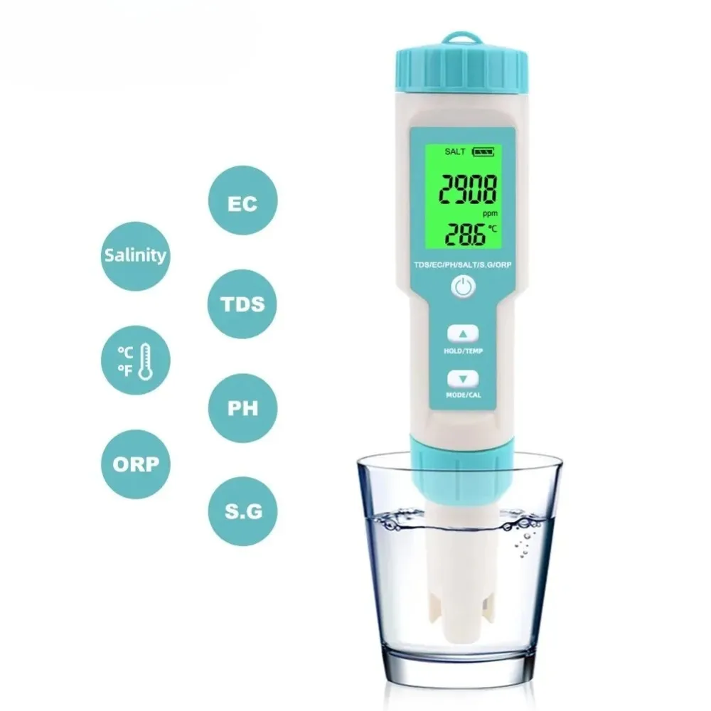 مراقبة جودة المياه مع وظائف درجة الحموضة/الملوحة/TDS/EC/الدرجة الحرارة وشاشة بإضاءة خلفية لحمامات مياه الشرب وأحواض استحمام ساخنة ومنتجعات المنتجعات الصحية